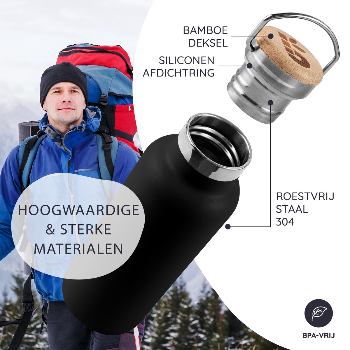 Bambaw® 1 Liter RVS Thermosfles - Isoleerfles, Dubbelwandig, Lekvrijen, loodvrij en Plasticvrij Geïsoleerde Fles met Bamboe Deksel voor Warme en Koude Dranken - Ideaal voor Reizen, Werk, Yoga, Wandelen en Dagelijks Gebruik – zwart — cadeau in Sport & Outdoor - foto 2