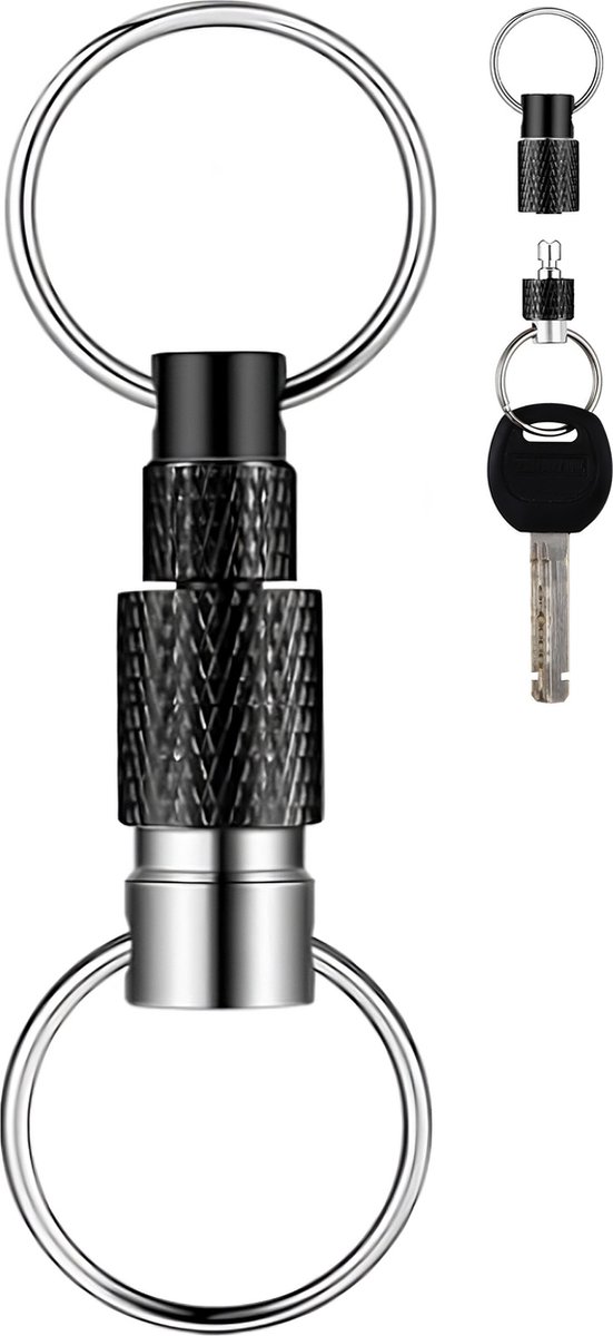 Afneembare Sleutelhanger - Deelbare sleutelhouder - Quick Release Auto Sleutelhouder - Snel en Eenvoudig Keychain met Karabijnhaak, Musketonhaak en Sleutelringen - Autosleutel voor Vrouwen, Mannen, Dames - Karabijnsluiting Sleutel hanger - Zwart