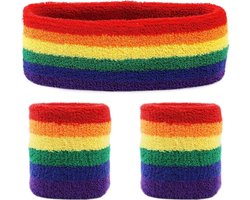 Scoby - Zweetbandjes set - Pride - Carnaval - Feest Artikel - Polsbandjes - Hoofdband - Sportband - 3 Delig - Regenboog