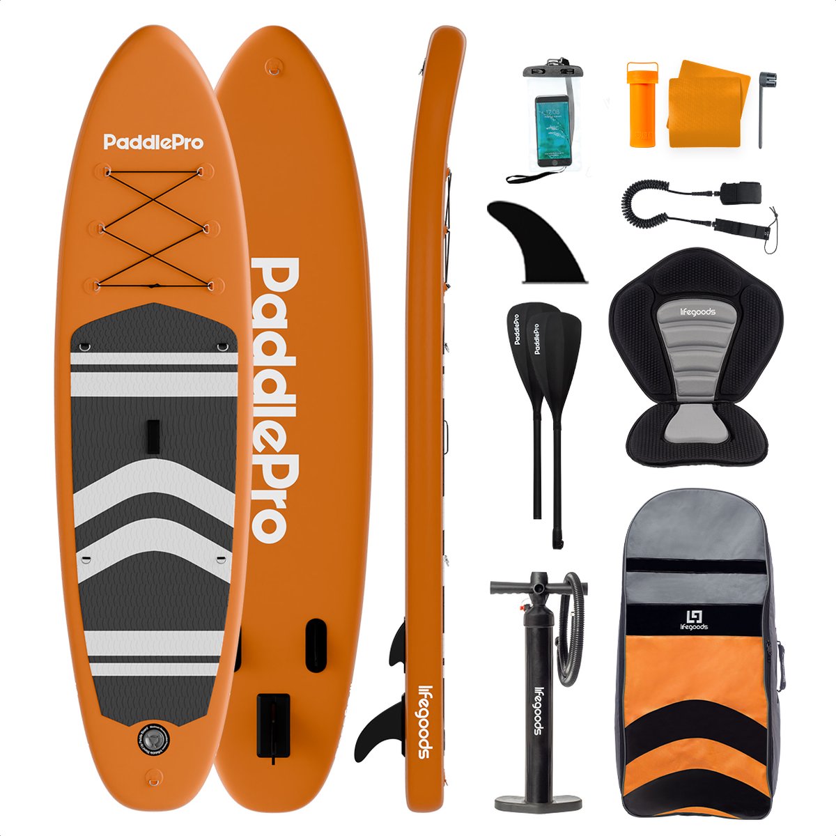 LifeGoods PaddlePro SUP Board - met Zitje - Opblaasbaar Paddle Board - Complete Set - Max. 150KG - 320x81cm - Oranje