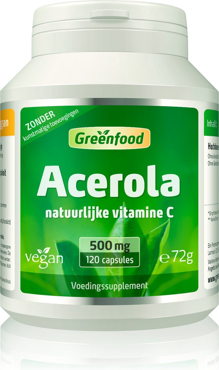 Goedkoopste Greenfood Acerola, 500 mg, high-dose, 120 capsules - Zonder kunstmatige toevoegingen. Zonder genetische manipulatie. Vegi capsules, veganistisch.