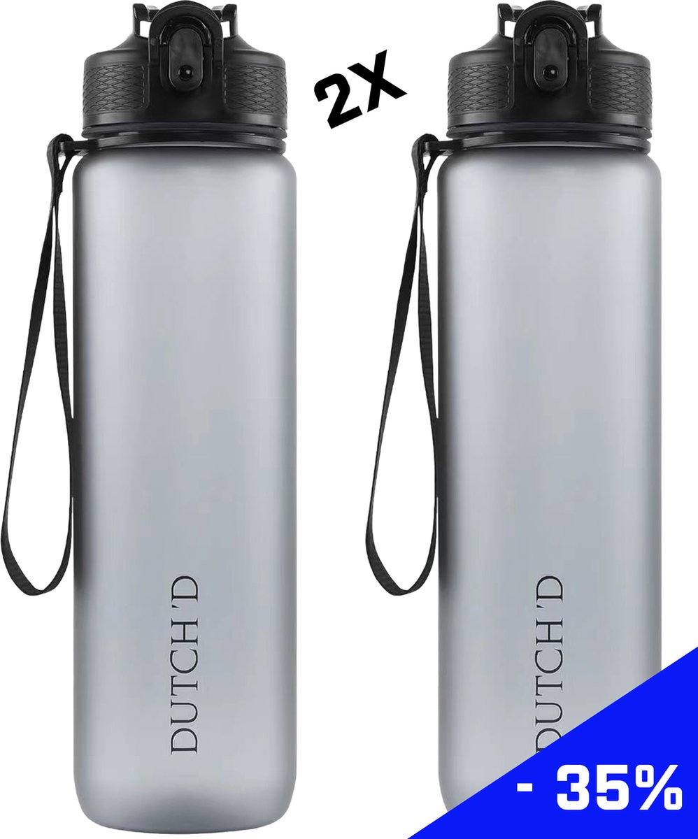 Bol.com Dutch'D ® - DEAL! Set van 2 stuks - 1 liter Drinkfles - Drinkfles met rietje - Waterfles - Grijs - Drinkfles Volwassenen... aanbieding