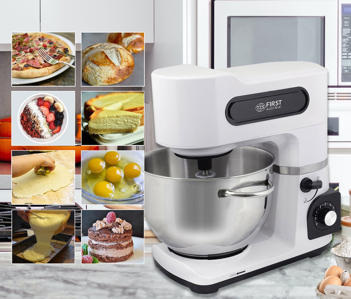 TZS First Austria 2-in-1 handmixer en standmixer | 3,4L | Automatische aandrijving | 500W | 5 snelheden | Turbofunctie | met deeghaak garde