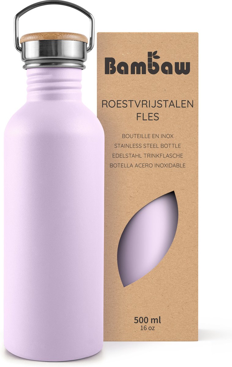 Bambaw® Waterfles 500ml - Enkelwandige drinkfles - Lekvrij, Plasticvrij met Bamboe Dop - Waterflessen Volwassenen - Waterfles RVS - Perfect voor Reizen, Wandelen, Dagelijks Gebruik, Kamperen - Water Fles - Camping - Violet