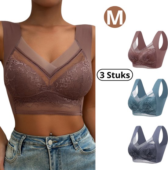 Une femme porte un soutien-gorge crop top mauve avec des bonnets en dentelle. À droite, un collage de 3 soutiens-gorge: mauve, bleu et gris.
