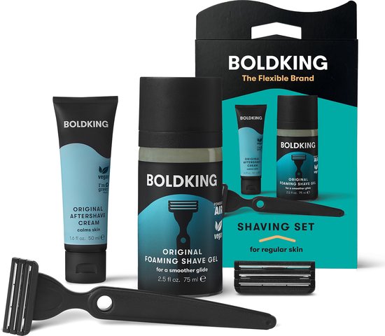 Boldking Start Scheerset Regular - 6-delige Set - Scheerset voor Mannen en Vrouwen - Inclusief 2 Scheermesjes, Houder, Zuignap, Scheergel & GRATIS Aftershave Crème in luxe verpakking