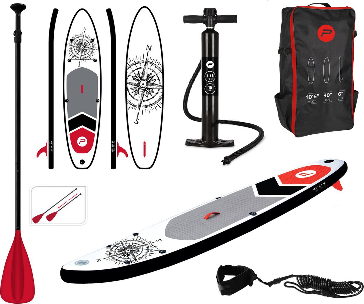 PURE4FUN SUP Board - Opblaasbaar Paddle Board - Complete Set - Met Pomp / Draagtas / Verstelbare Peddel / Enkelkoord / Reparatiekit - Max. 150KG - 320x76cm - Kompas