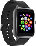 Zwarte smartwatch met een scherm vol gekleurde app-pictogrammen, waaronder sport en weer.