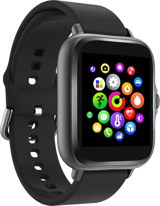 Zwarte smartwatch met een scherm vol gekleurde app-pictogrammen, waaronder sport en weer.