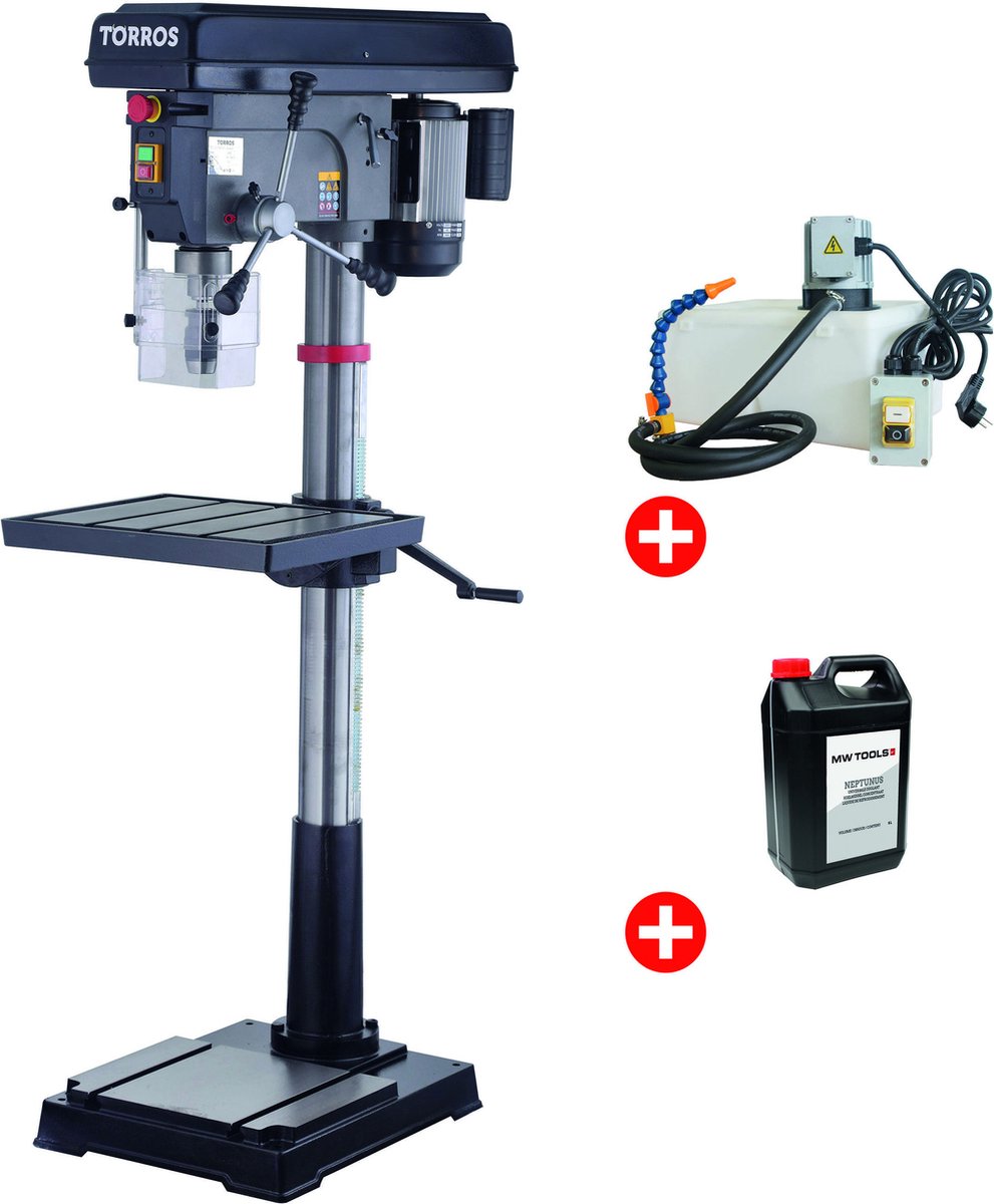 Professionele kolomboormachine boren tot ø 30 mm MK3 1,5 kW 230V met koelvloeistofsysteem en bus 5L koelmiddel Torros DF30M PACK COOL
