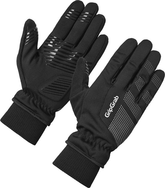 Zwarte GripGrab handschoenen, één met de handpalm omhoog, met reflecterende stippen en strepen.