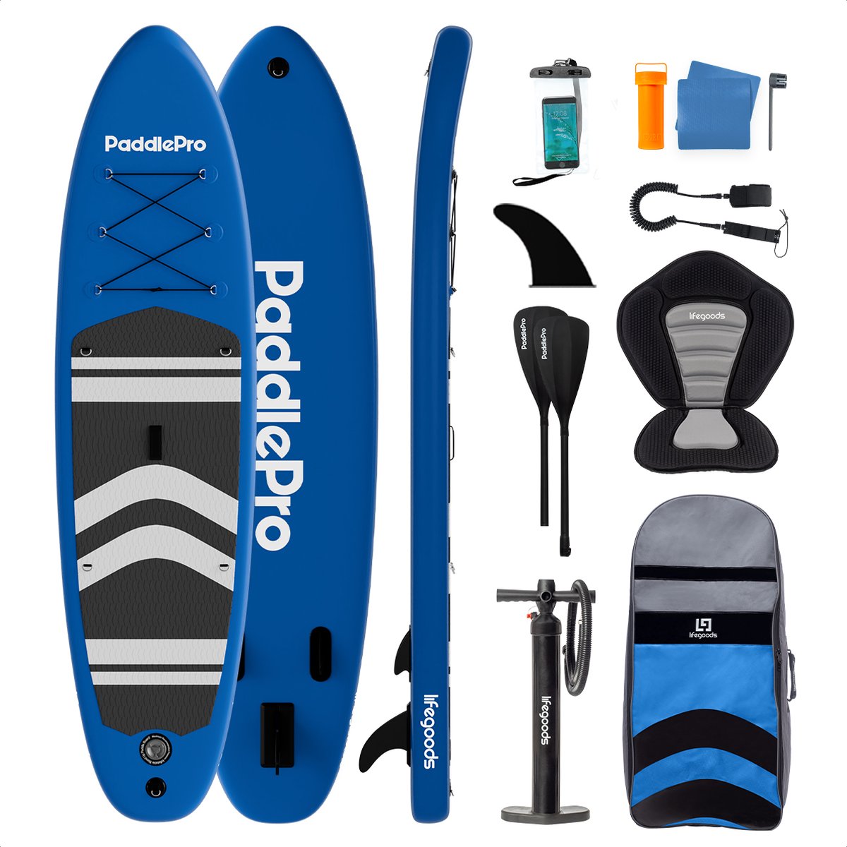LifeGoods PaddlePro SUP Board - met Zitje - Opblaasbaar Paddle Board - Complete Set - Max. 150KG - 320x81cm - Blauw