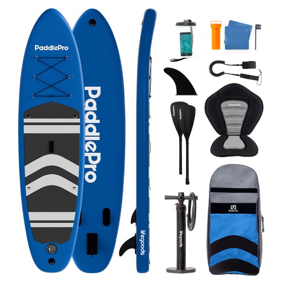 LifeGoods PaddlePro SUP Board - met Zitje - Opblaasbaar Paddle Board - Complete Set - Max. 150KG - 320x81cm - Blauw