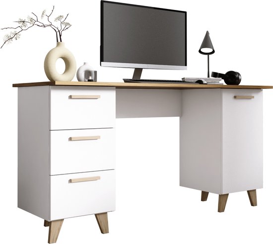 Wit bureau met eiken blad, 3 lades en 1 kast. Houten pootjes.