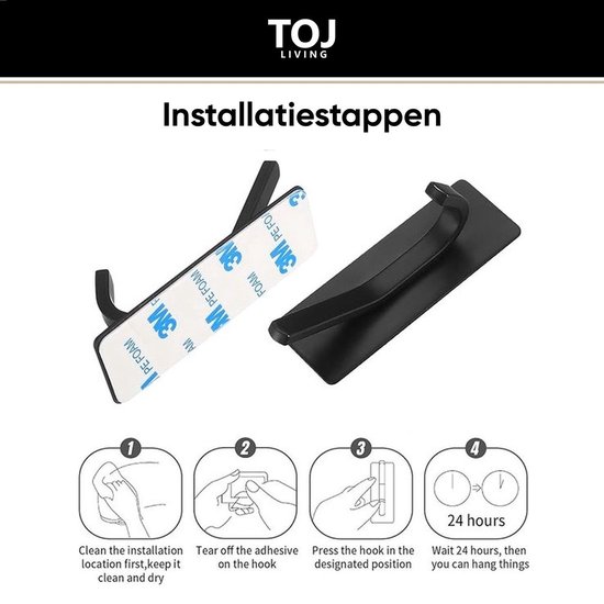 Zelfklevende haken, kleverige haken extra stevig, hangend tot 6 kg, metalen roestvrij zware stok op muurdeur, voor handdoek jas hoed portemonnee in badkamer douche keuken, zwart, 12 stuks