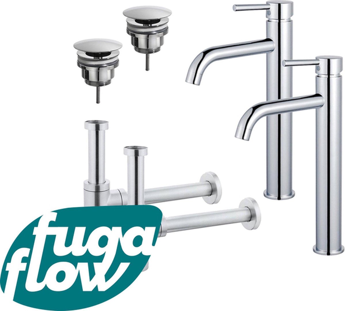 FugaFlow Eccelente Sobrado Badkamer Wastafelkraanset voor dubbele wastafel verhoogde wastafelkraan always open plug design sifon Chroom