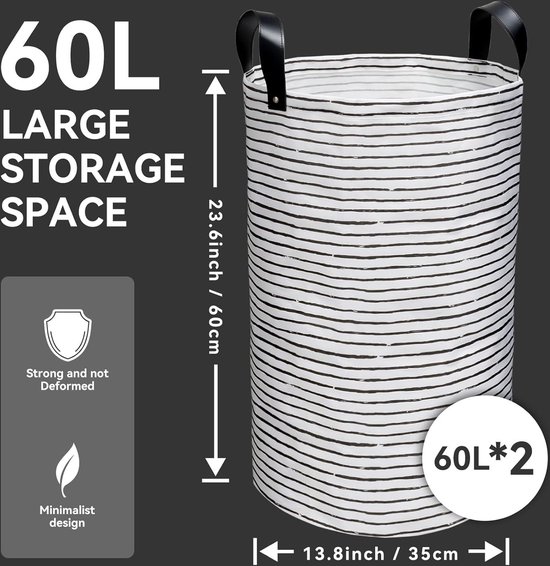 Lot 2 Paniers à Linge Pliables 60L Gohytal – Rond, Imperméable, Poignées Cuir Renforcées, Grand Sac Buanderie