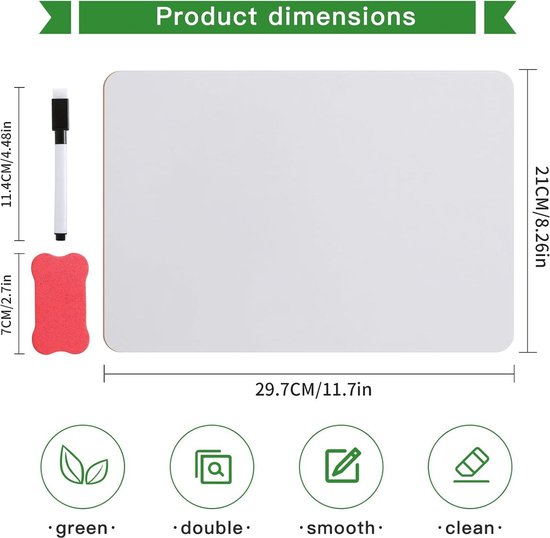 Lot De 10 Tableaux Blancs A4 Double Face - Portable, Effaçable à Sec, Avec Gommes - 9