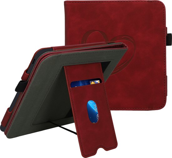 kwmobile e-reader hoesje geschikt voor Kobo Libra Colour hoes - E reader flip case van kunstleer - Ereader cover met stand - Brushed Hart design in donkerrood van Merkloos — afbeelding 2