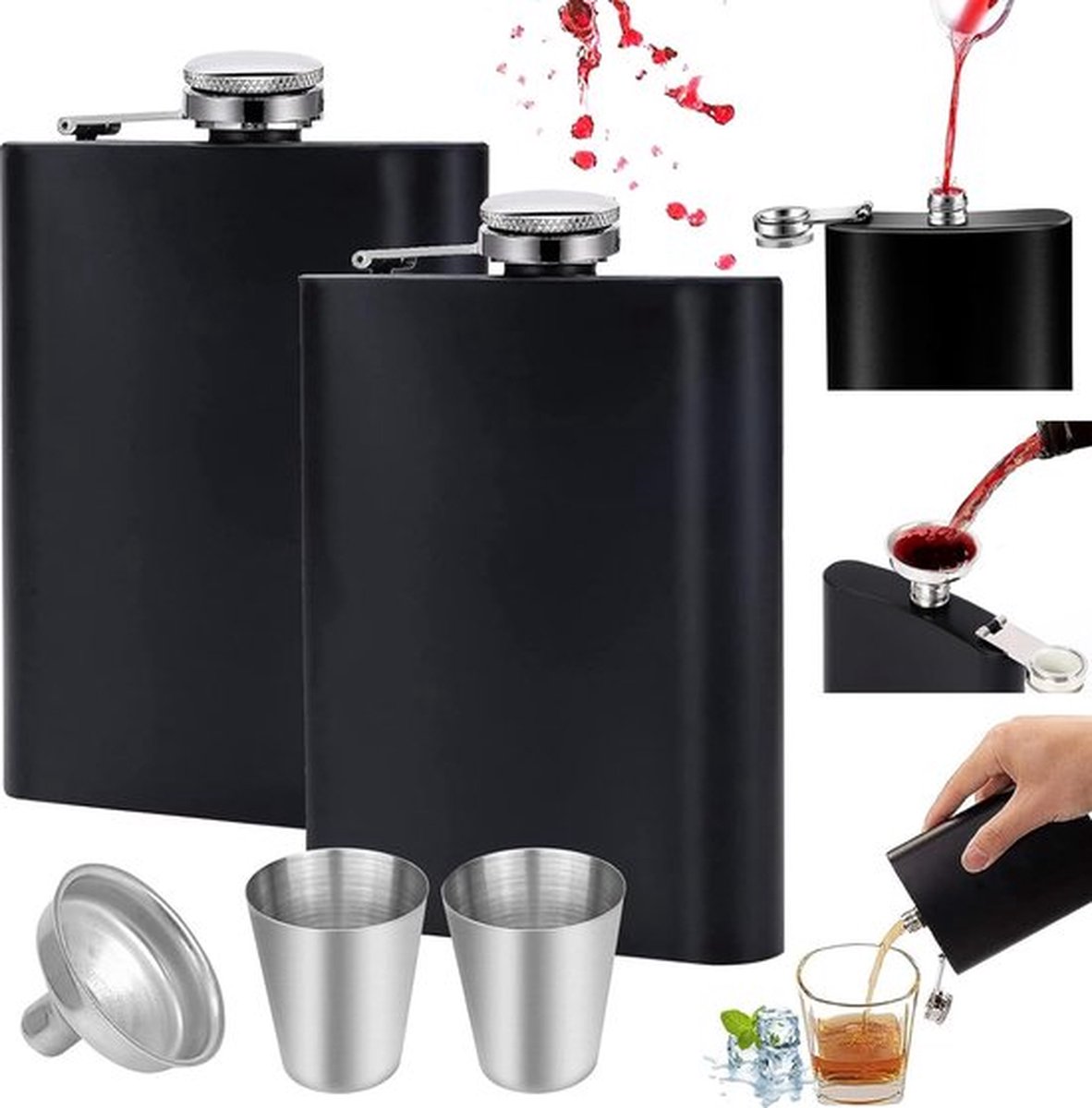 Goedkoopste Zwarte roestvrijstalen heupfles met trechter, 190 ml capaciteit, inclusief 2 kopjes - ideaal voor buitenactiviteiten