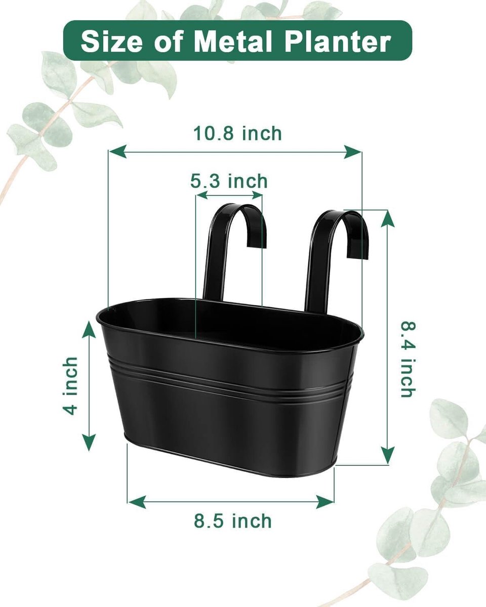 XRR Hangende plantenbakken, verpakking van 10 stuks, 16 x 11,9 cm x 13,5 cm, verwijderbare hangende bloempothaak, metalen emmer voor reling, omheining, balkon, tuin, geschikt voor binnen en buiten (10