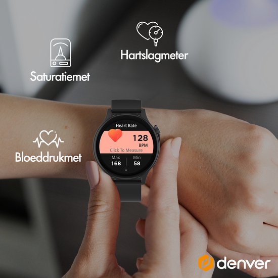 Zwarte smartwatch met hartslagmeter, saturatiemeter en bloeddrukmeter. Toont hartslag 128 BPM.