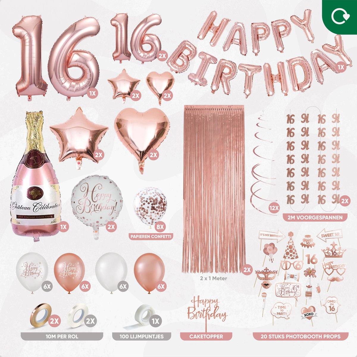 Fissaly Sweet 16 Jaar Rose Goud Verjaardag Decoratie Versiering - Helium, Latex & Papieren Confetti Ballonnen — afbeelding 2
