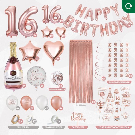 Fissaly Sweet 16 Jaar Rose Goud Verjaardag Decoratie Versiering - Helium, Latex & Papieren Confetti Ballonnen
