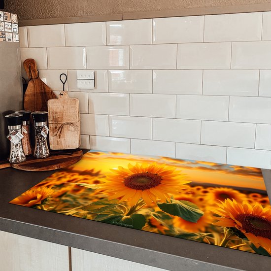 KitchenYeah® Protection plaque induction 85x55 cm - Tournesol - Jaune - Fleurs - Protege plaque de cuisson - Couvre plaque induction - Protecteur d'induction - Cuisine