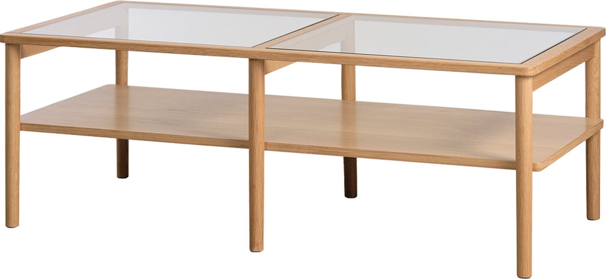 Olivine Boris Eikenhouten Salontafel Naturel - Met Glazen Tafelblad - Hout - Met Opbergruimte - Koffietafel - 120 x 60 x 41 cm