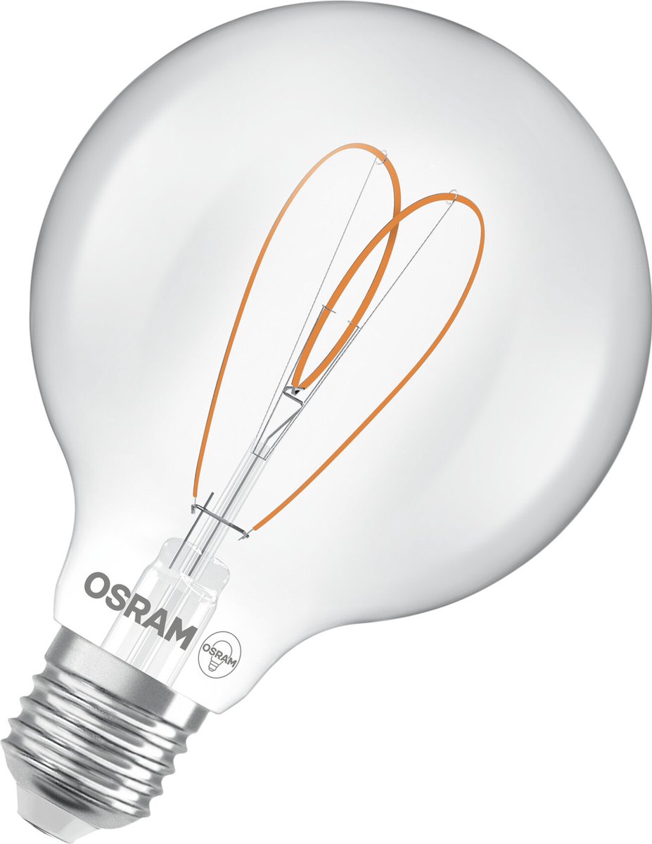 Osram Vintage 1906 Globe ist eine warmweiße dimmbare LED-Lampe in klassischer Ballform mit Filament. Sie bietet 7.2 W für 806 lm E27 Fassung klarfarbenes Glas 95 mm Durchmesser 2700 K EEK E