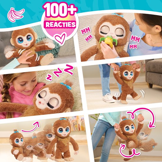 Collage van foto's van een bruine FurReal Peanut aap die interactie toont.