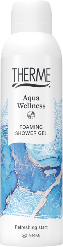 Therme Aqua Wellness foaming shower gel met blauw marmerpatroon en tekst 'Refreshing start VEGAN'.