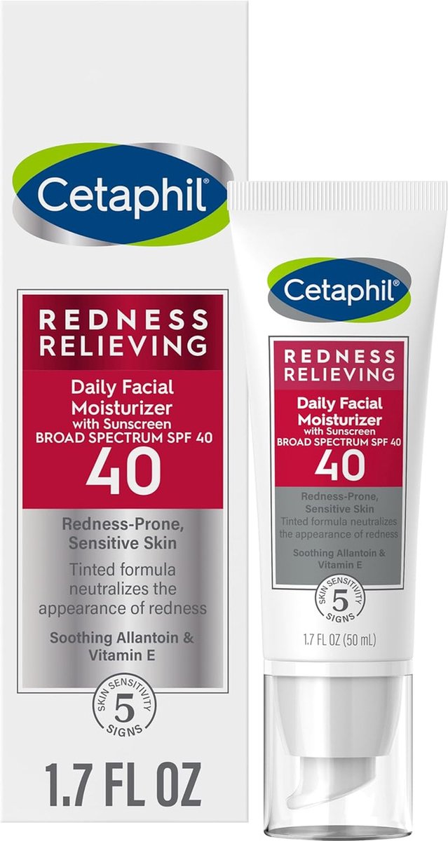 Cetaphil Redness Relieving Daily Facial Moisturizer Broad spectrum Sunscreen Neutrale tint Zonnebrand Roodheid-gevoelige huid SPF 40 50ml