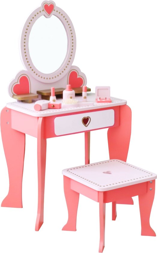 Foto: Rijoka houten kaptafel met krukje en spiegel make up dresser 49x34x97cm roze