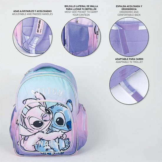 Sac à dos avec Stitch et Angel, couleurs pastel. Détails : bretelles réglables et rembourrées, poche latérale en mesh, dos ergonomique.