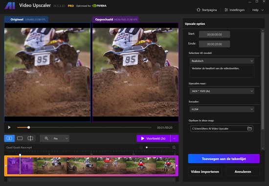 Twee quad motoren op een modderig parcours, links origineel, rechts opgeschaald.