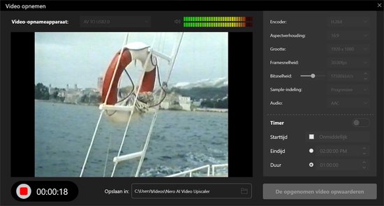 Video-opname van een boot met een oranje zwemband, met tijdcode 00:00:18.