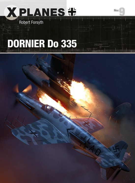 Grijze Dornier Do 335 tweemotorige jager in gevecht met vlammen en rook, met nummer 05 EAD en het nazisymbool op de staart.