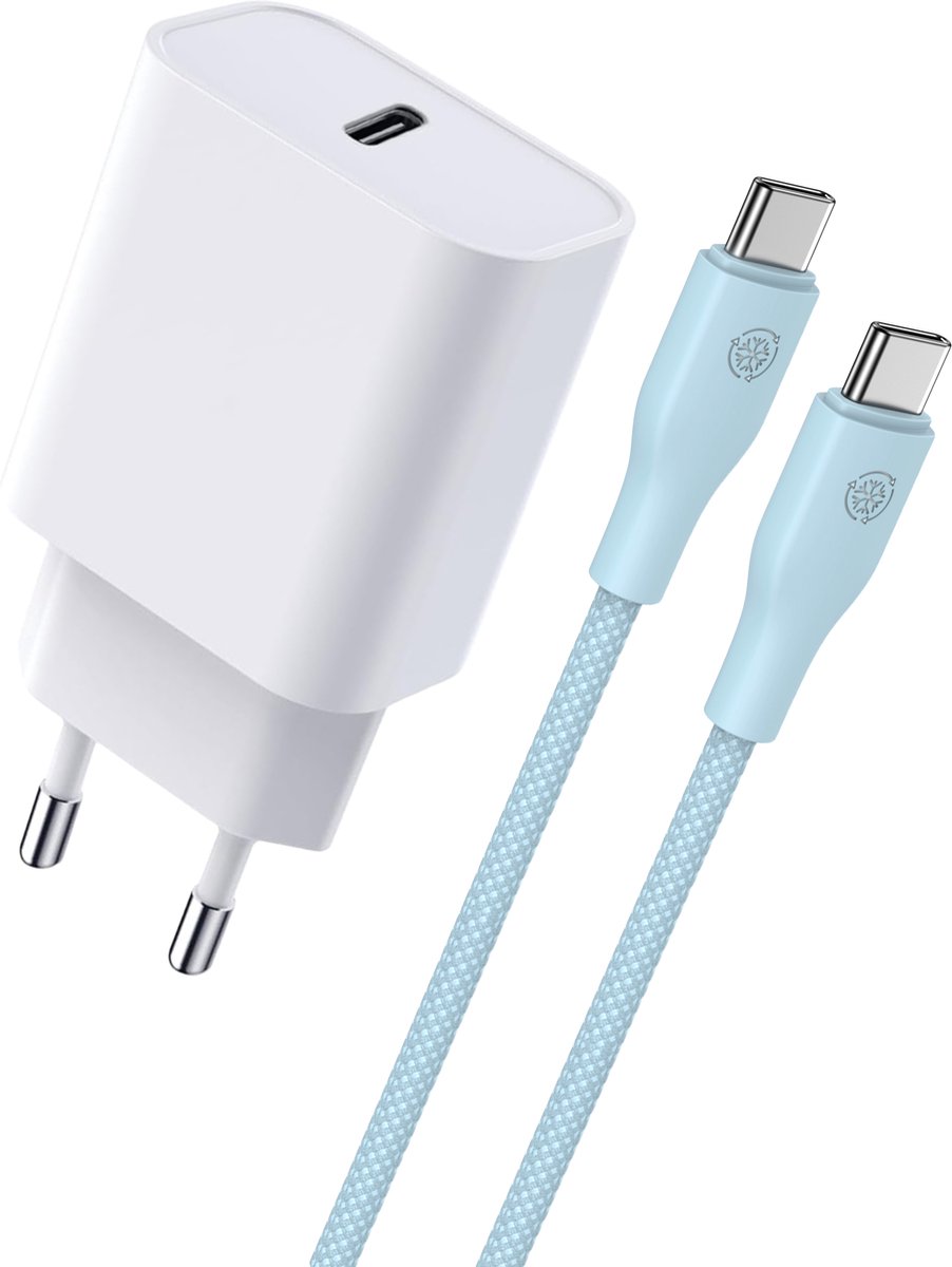 20W USB-C Adapter met USB C naar USB C Kabel Blauw - 1 Meter - Snellader - Universeel