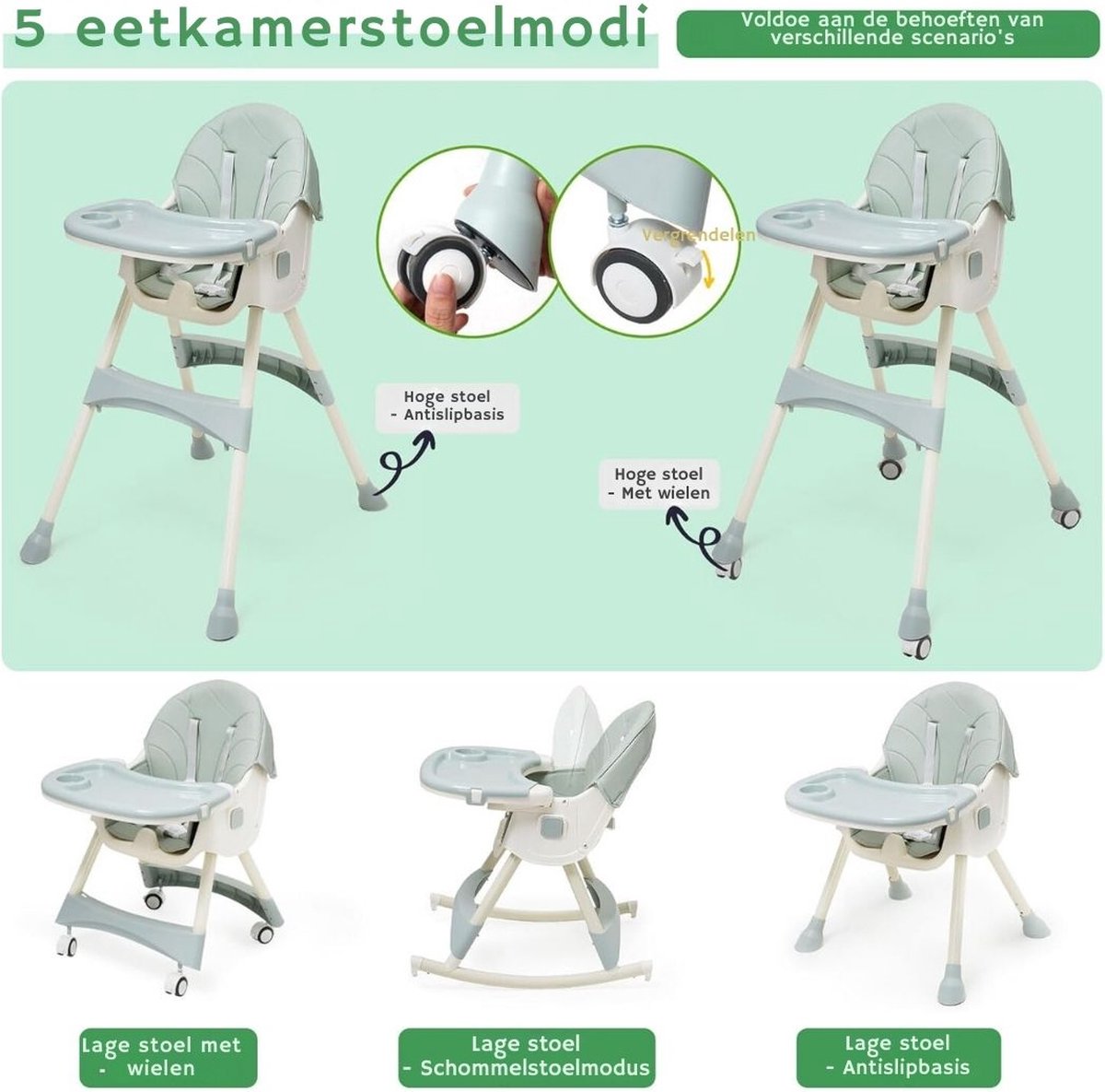 Kinder Eetstoel – 3-in-1 Babystoel Voor Aan Tafel Met Dienblad - Baby Stoel Voor Eten Met Wieltjes - Meegroei Kinderstoel - Baby stoeltje Zitten - Meegroeistoel Met Ligfunctie - Kindereetstoel thumbnail 2
