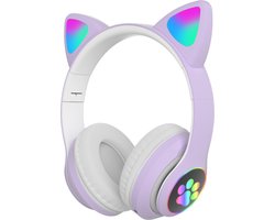 foto van Kinder Hoofdtelefoon-Draadloze Koptelefoon-Kids Headset-Over Ear-Bluetooth-Microfoon-Katten Oortjes-Led Verlichting-Lila