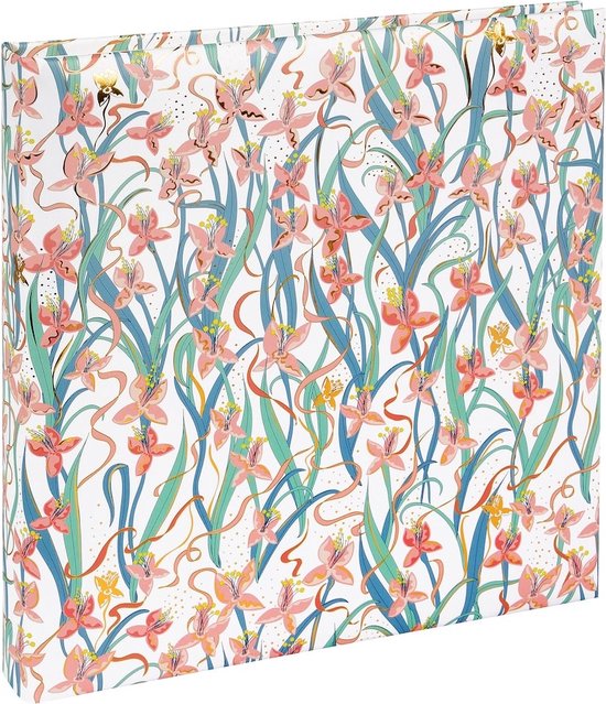 Wit fotoalbum met een gedetailleerde bloemenprint in roze en groen.