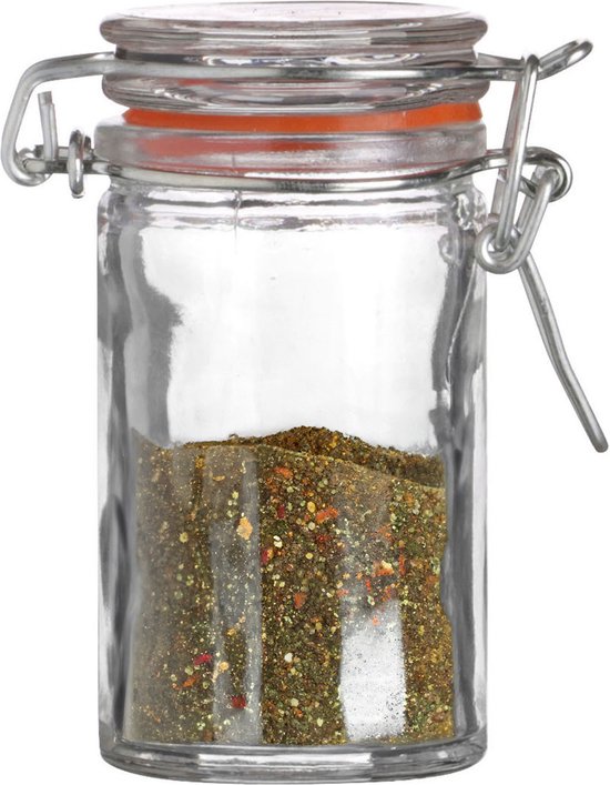 Petit pot de conserve en verre de 70 ml avec mélange d'épices, joint en caoutchouc orange et fermeture à levier.