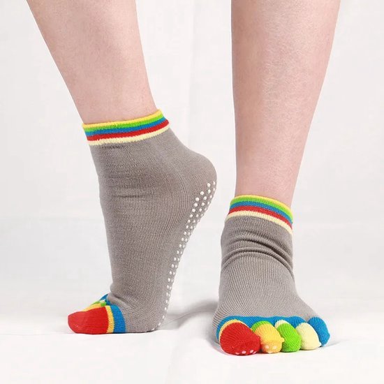 Yoga Sokken Full Toe - Volle Teen Yoga Sok - Met Anti Slip Onderkant - Antislip Sokken - Pilates Sokken - Maat 36-40 I Grijs Met Kleuren van Herqua Sports — afbeelding 2