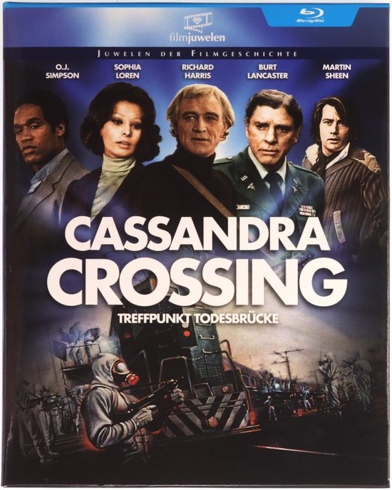 Poster voor de film "Cassandra Crossing" met hoofdrolspelers O.J. Simpson, Sophia Loren, Richard Harris, Burt Lancaster en Martin Sheen.