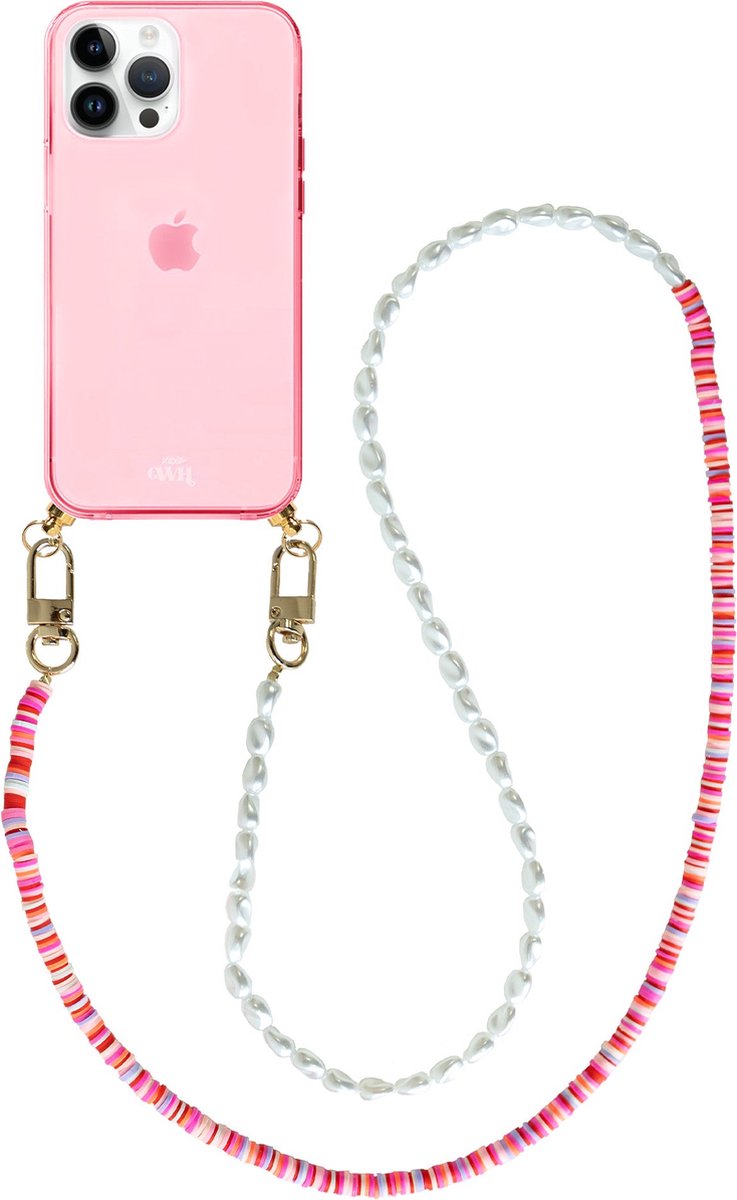 xoxo Wildhearts silicone case met koord - Roze telefoonhoesje met koord - telefoonketting - Island Girl - long - Cord Case - geschikt voor Apple iPhone 15 Pro Max - Lange parelketting / kralenketting - Parels - Wit / Roze
