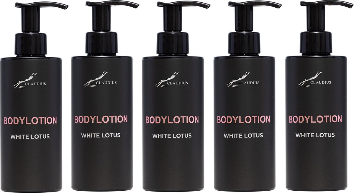 Goedkoopste Bodylotion White Lotus 300 ml - met pomp - zwarte fles - set van 5 stuks - Voordeelverpakking