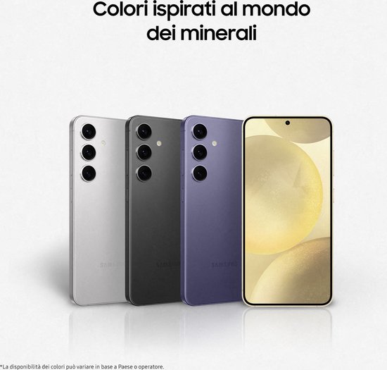 Trois téléphones Samsung Galaxy S24 aux couleurs argenté, gris foncé et violet.