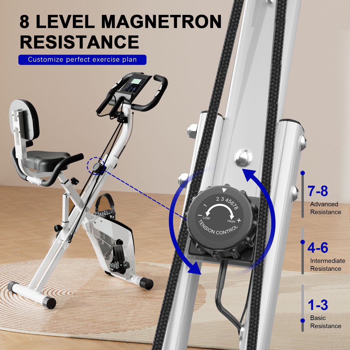 Afbeelding 3 van 3 in 1 Opvouwbare Hometrainer - X-bike met 8 Verstelbare Weerstandsniveaus - Vliegwiel 2,5KG - LCD Scherm - Verstelbare Zitting - wit